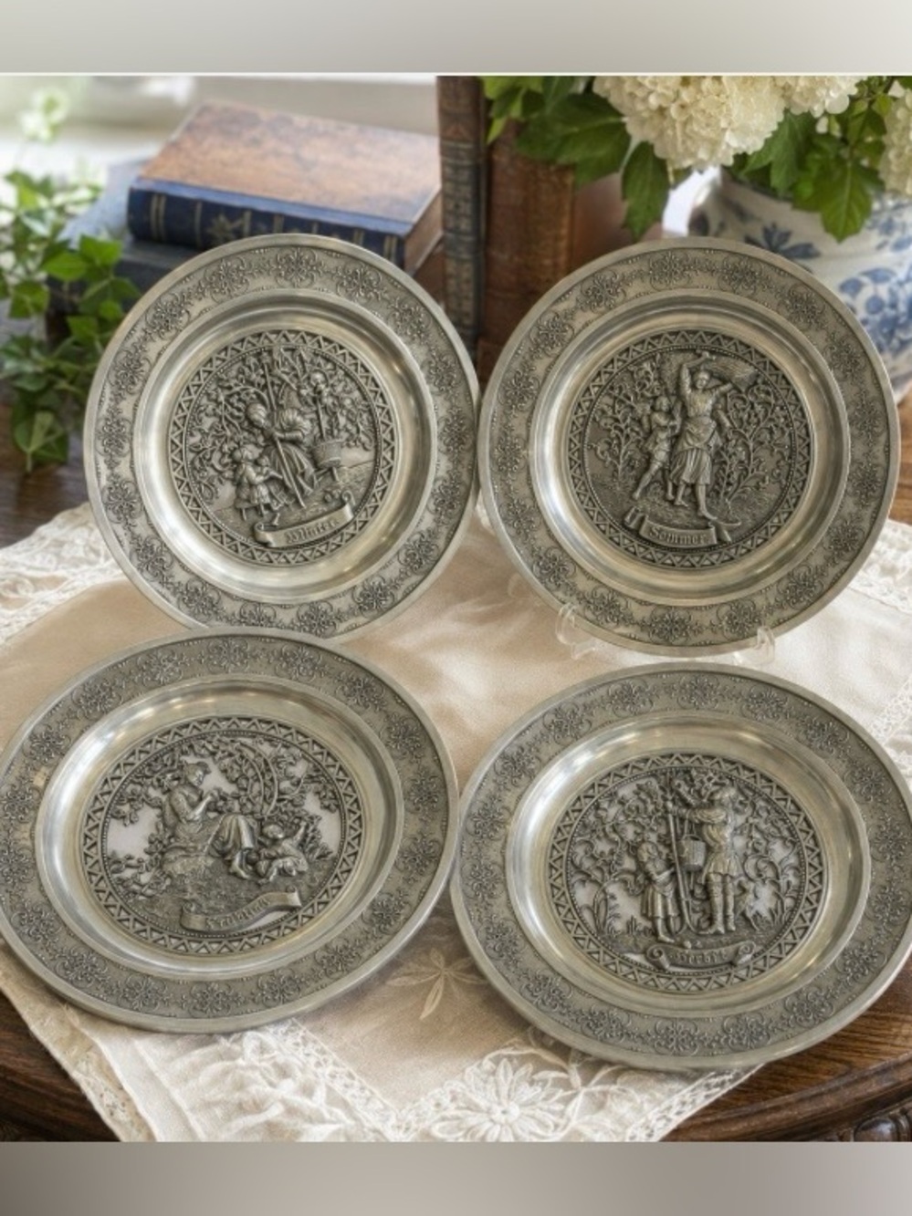 SKS ZIN 95% Pewter Hanging Plates Set of 4 Germany 8.75" Four Seasons Vintage